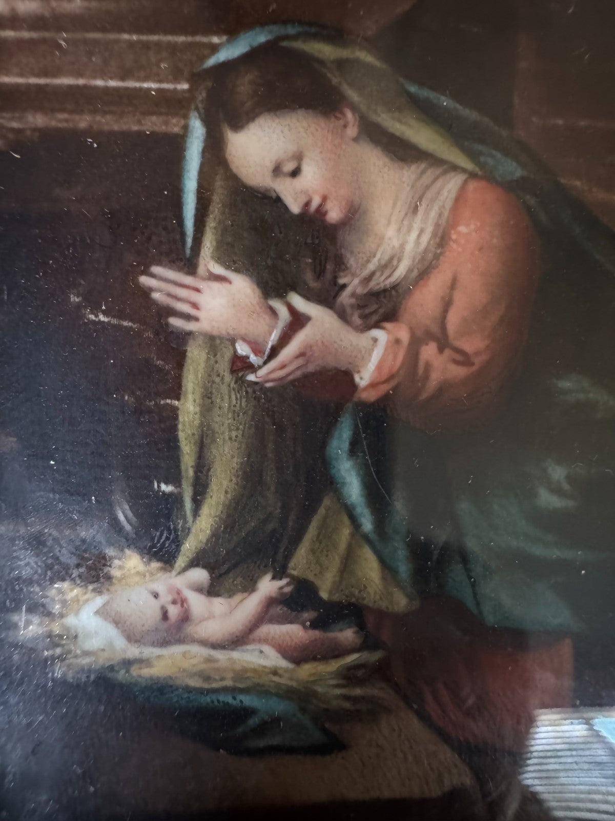 Antique Miniature  Painting – Madonna and Child Nativity Scene Signed Correggio