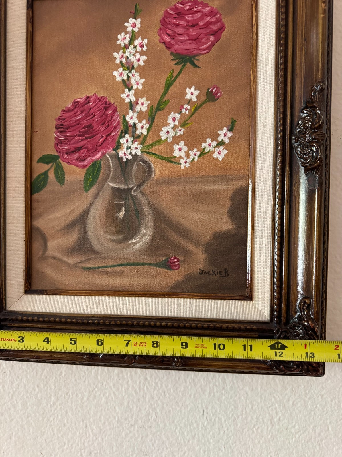 Vintage Floral Still Life Painting by Jackie B Original Oil on Mid-20th 16”x13”