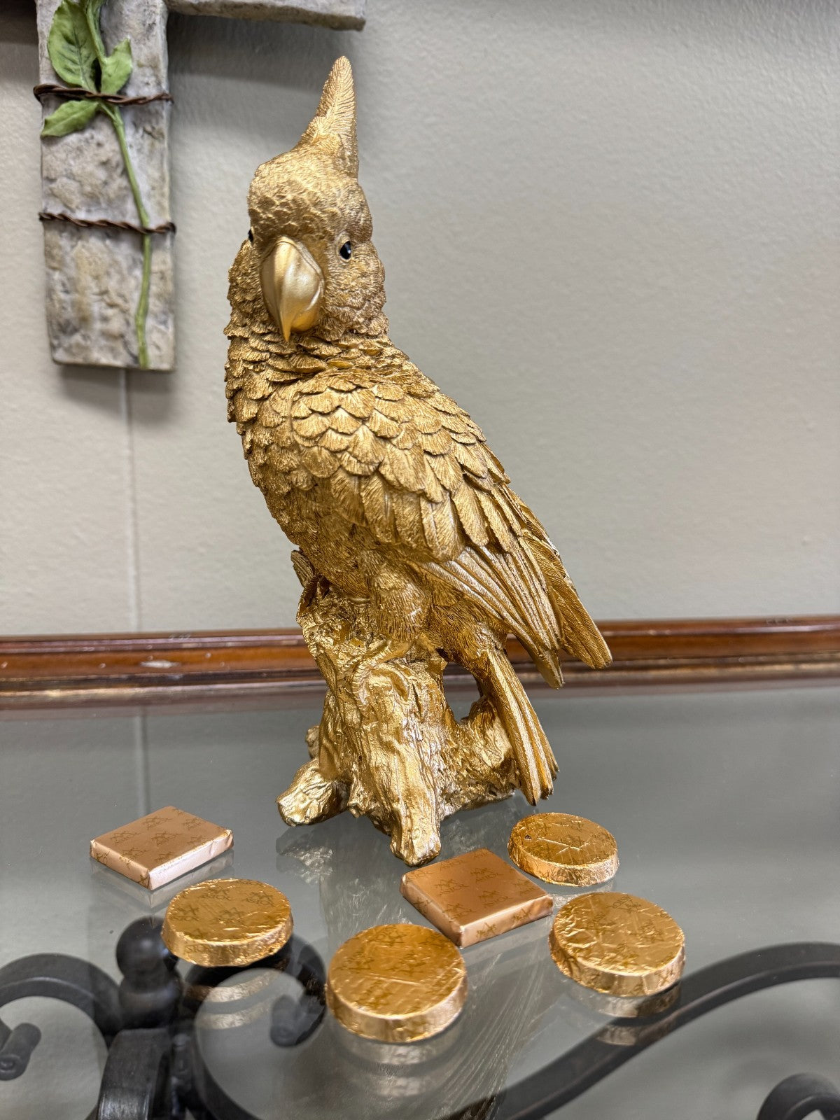 Gold Resin Cockatoo Parrot Figurine Sculpture on Tree Stump – 9” Tall Home Décor