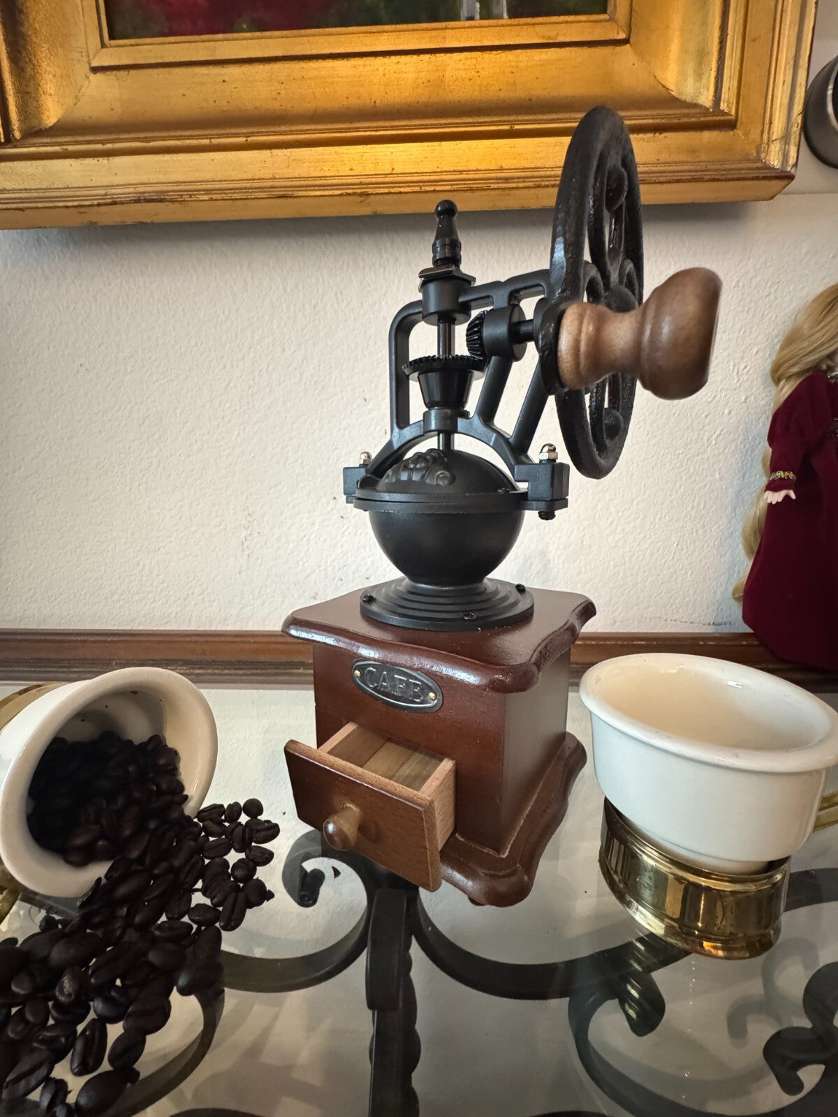 Vintage-Style Manual Coffee Grinder Cast Iron & Wood Hand Crank Mill “CAFE” 9”