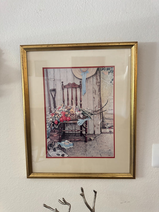 Framed Norman Rockwell II Print “Porch Scene with Flowers & Chair” 19x23 Vintage