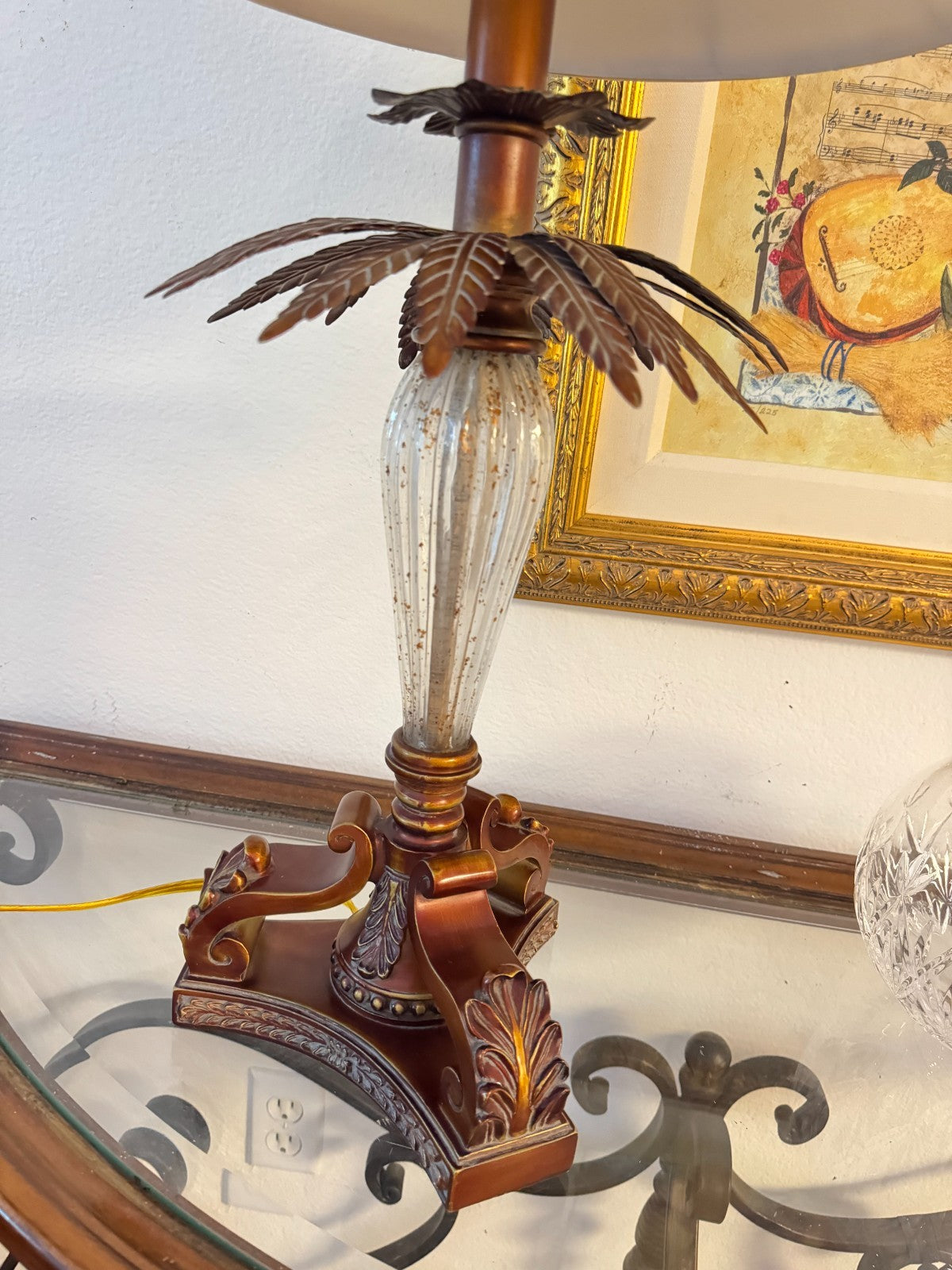 Vintage Tropical Palm Leaf Table Lamp with Fabric Shade  28” Ornate Resin & Glam