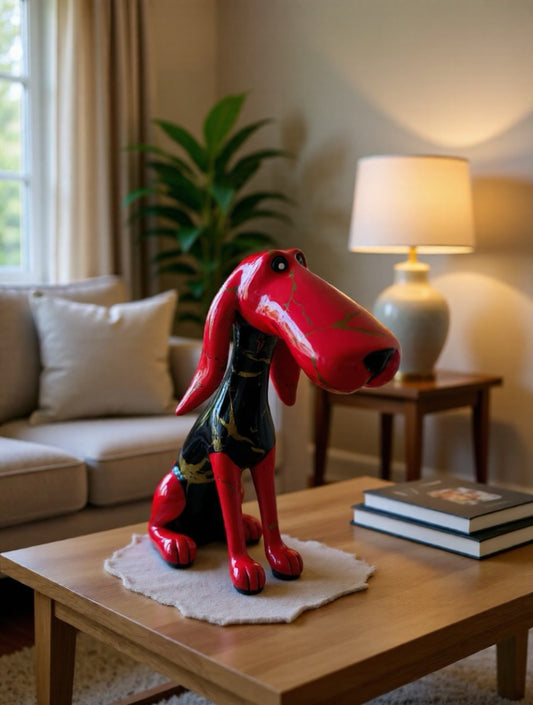 Modern Red & Black Resin Dog Figurine – 8.5” Abstract Hound Sculpture Brand New