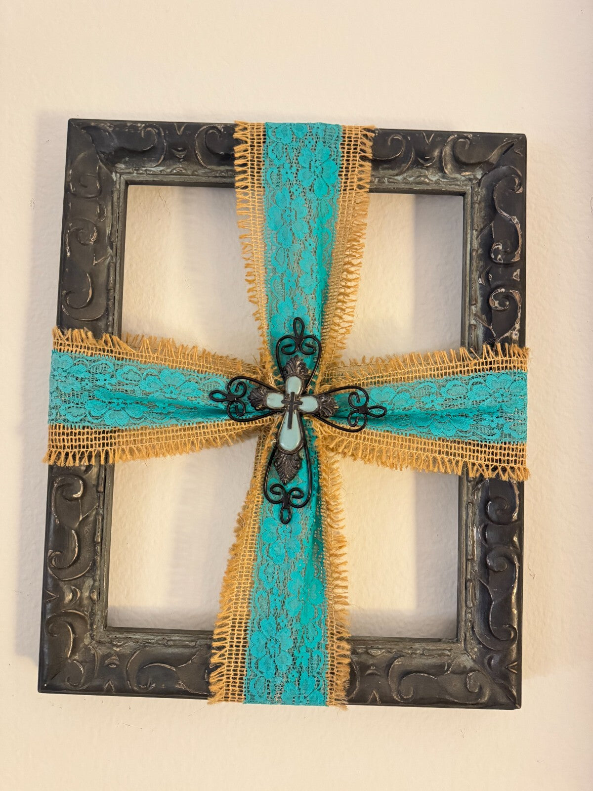“Rustic Metal Frame Cross Wall Art with Burlap & Turquoise Lace Accents -