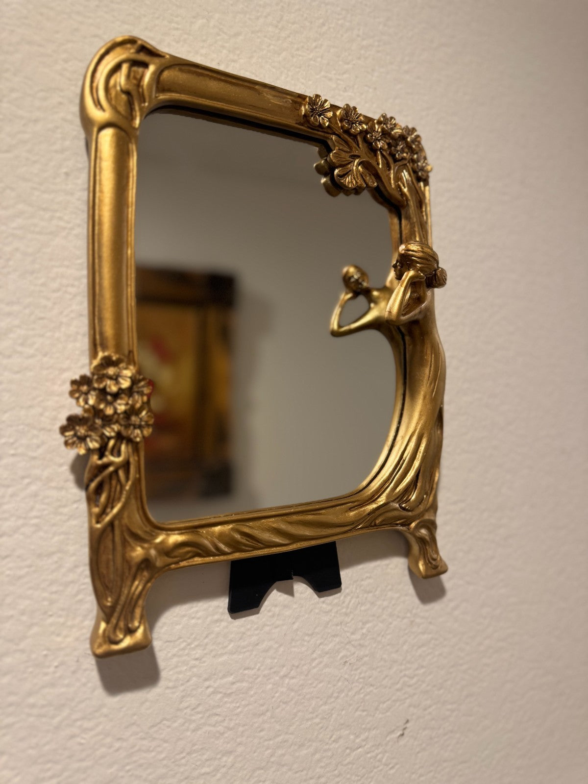 Art Nouveau Style Gold Resin Vanity Mirror – Woman & Floral Frame – 8” x 11”