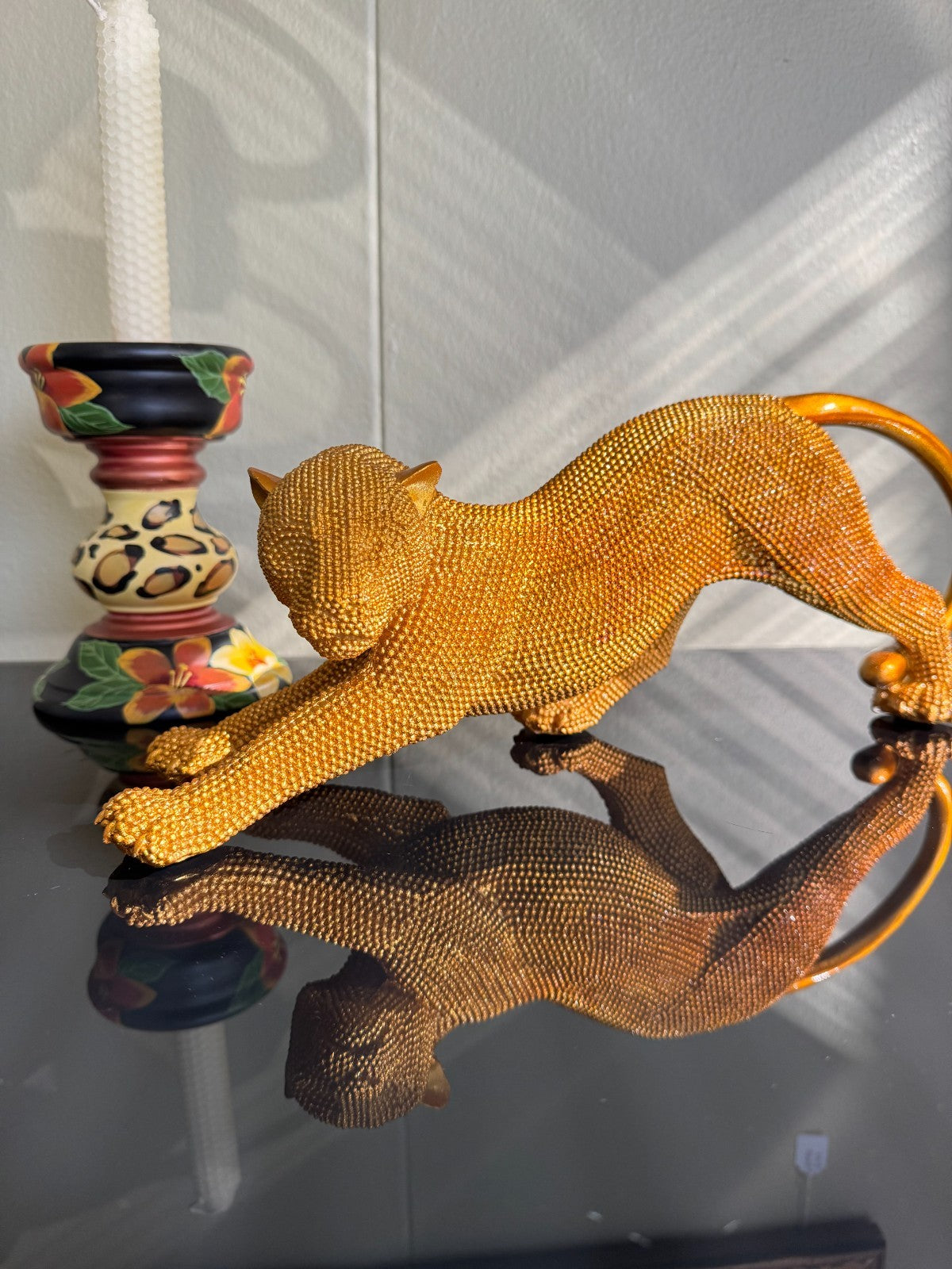Sparking  Resin Panther Figurine – Stretching Big Cat Sculpture,  15” Long