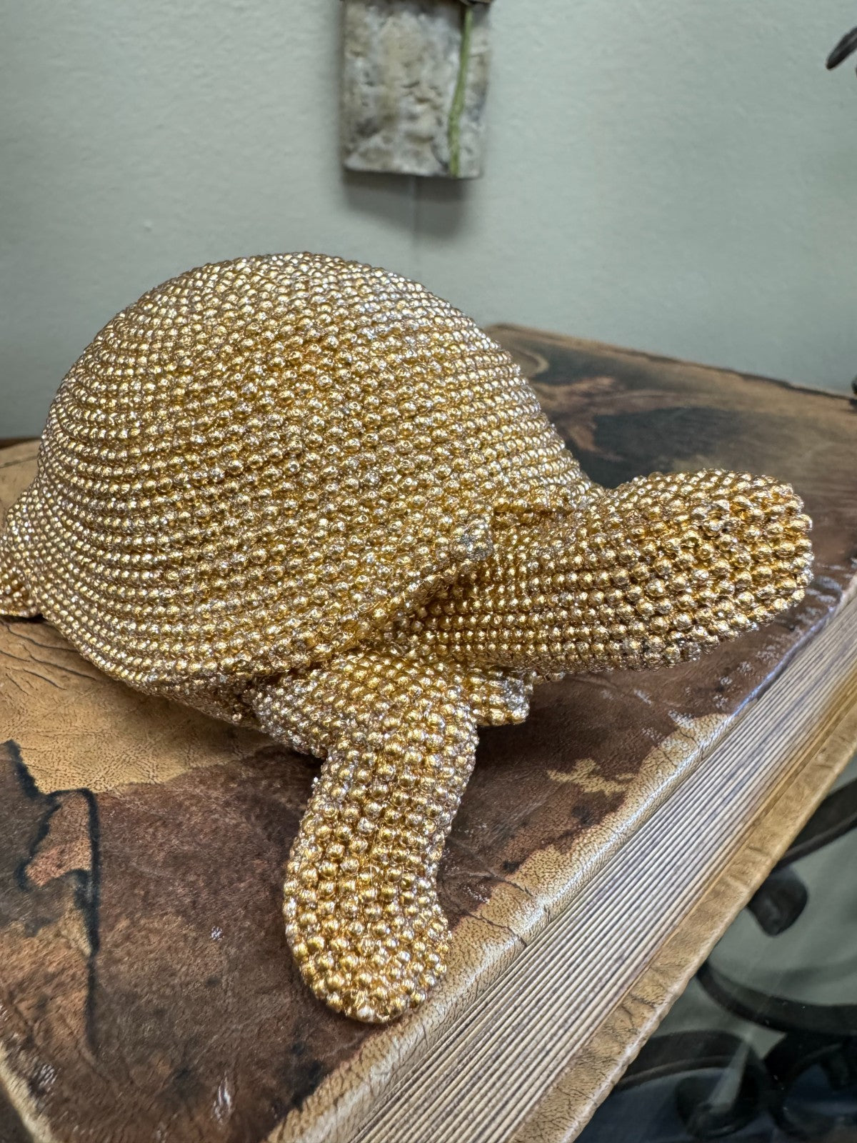 Gold Rhinestone Sea Turtle Figurine – Sparkling Resin Coastal Home Décor (5”)