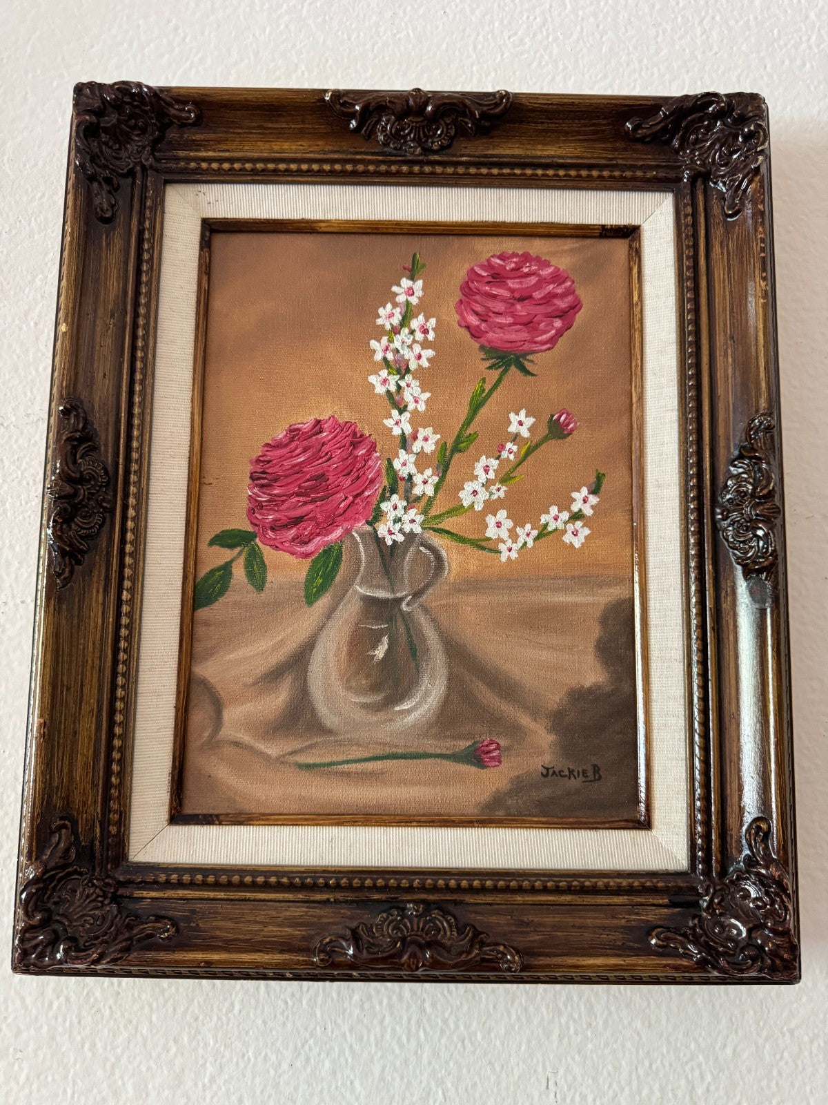 Vintage Floral Still Life Painting by Jackie B Original Oil on Mid-20th 16”x13”