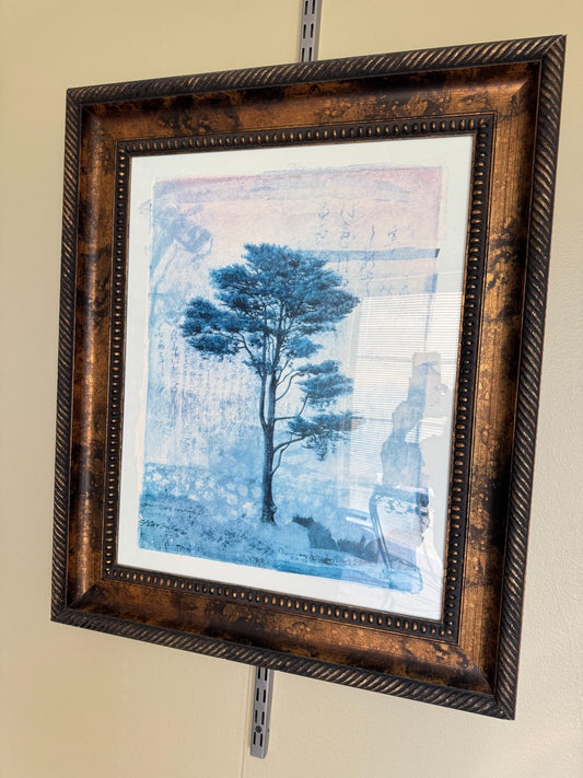 Leo-Donald Farnsworth "Blue Tree "Art Print with Asian Calligraphy 30x23”