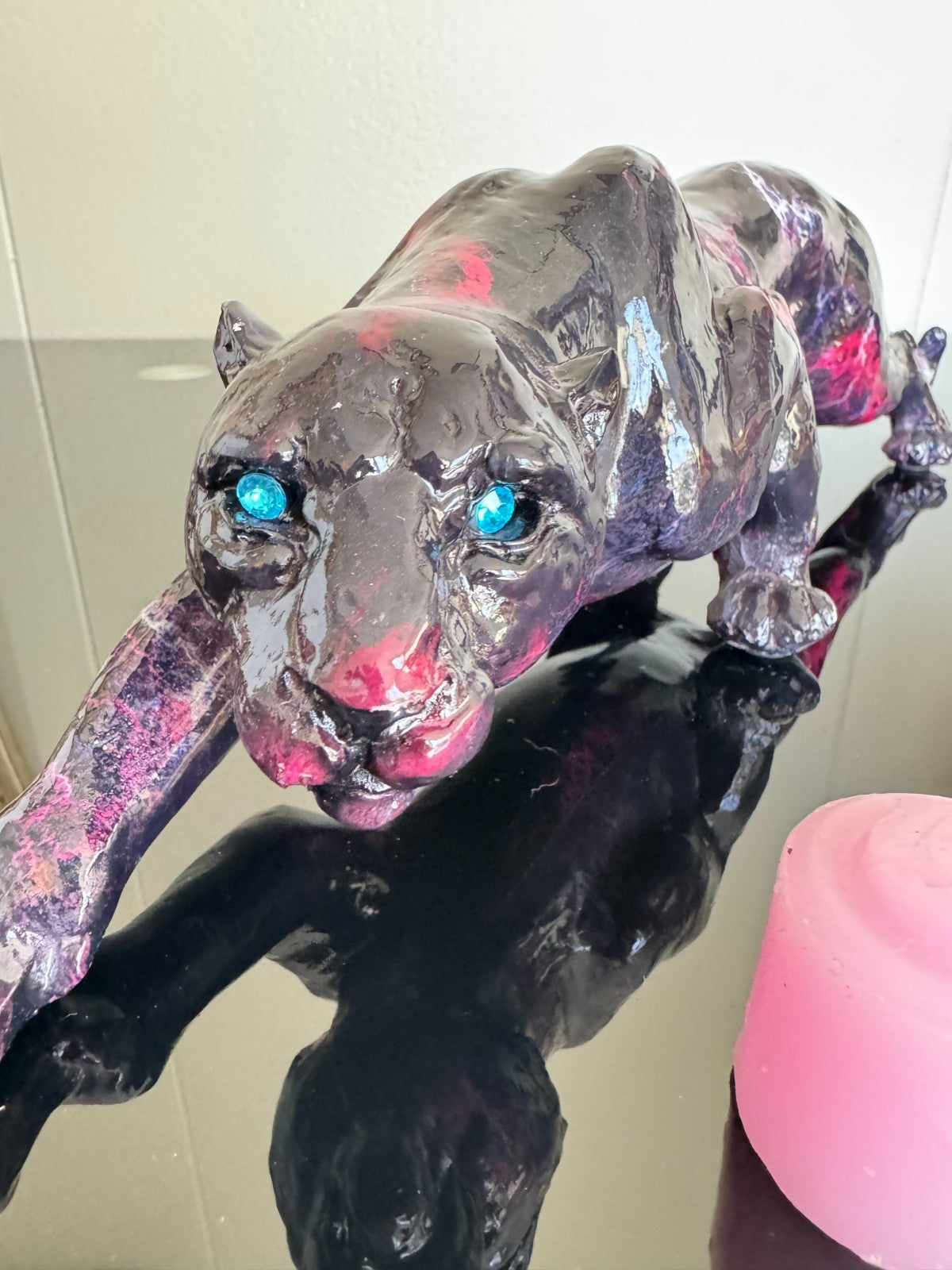 Resin  Panther Figurine Black - Pink  With Blue Eyes – 15” Long