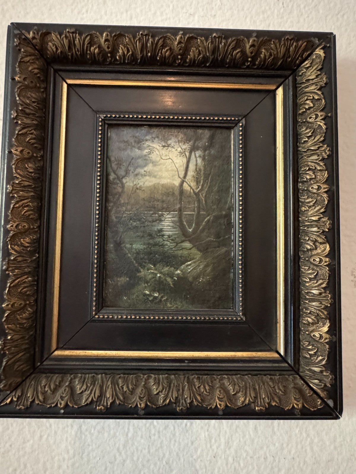 Antique Framed Oil Painting – Woodland River Landscape – Ornate Black & Gold Fra