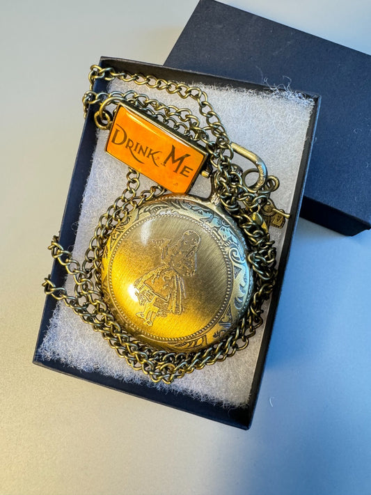 Alice in Wonderland Vintage Style  Brass Watch With Chain Toy Collectible