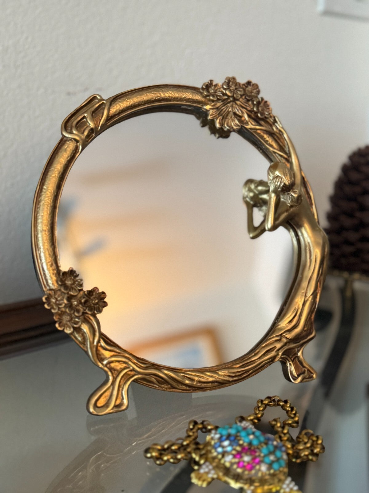 Vintage Art Nouveau Style Resin Vanity Mirror Woman & Floral Motif 9” Gold