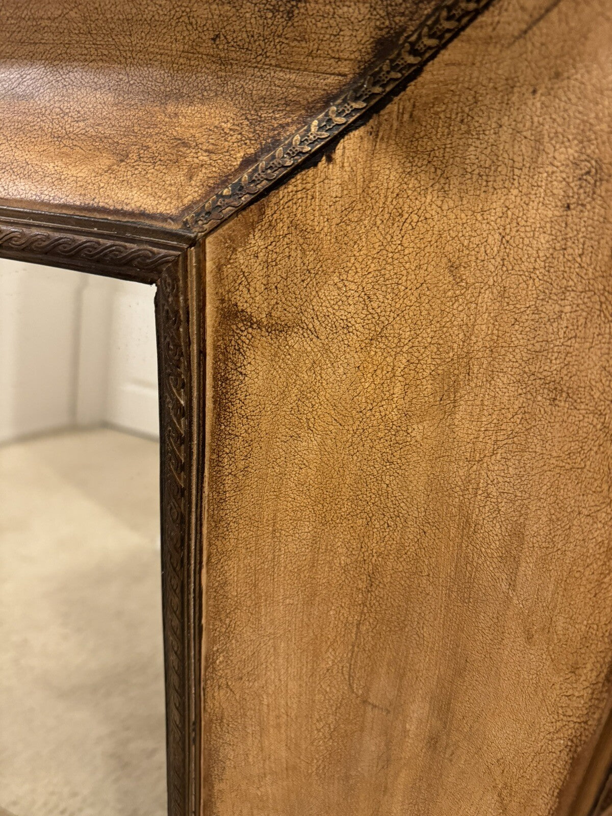 Antique Large Mirror Unique Handmade Wood And Leather Frame 43/34”