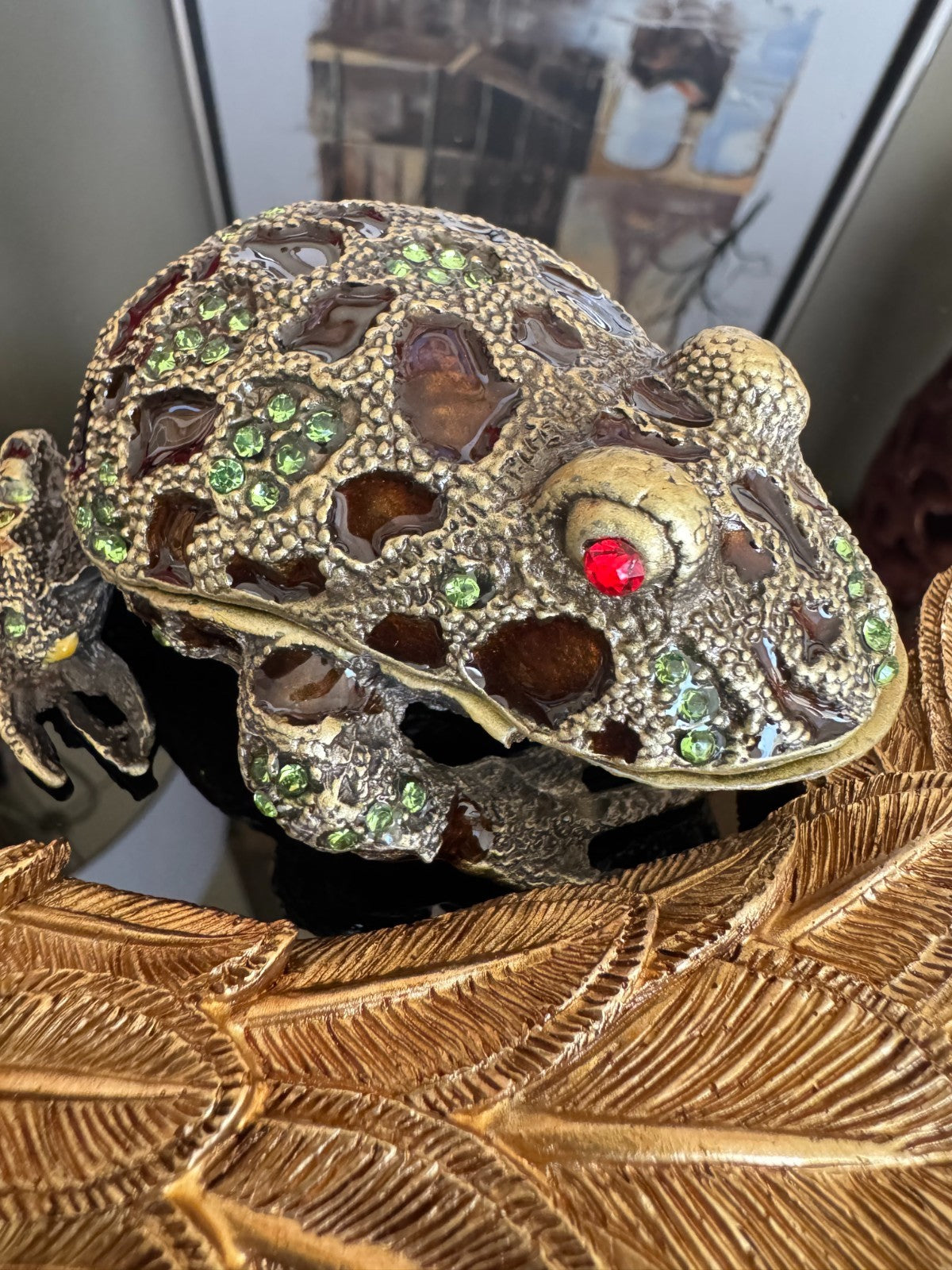 Jeweled Frog Trinket Box with Green Rhinestones & Red Eyes Vintage Style
