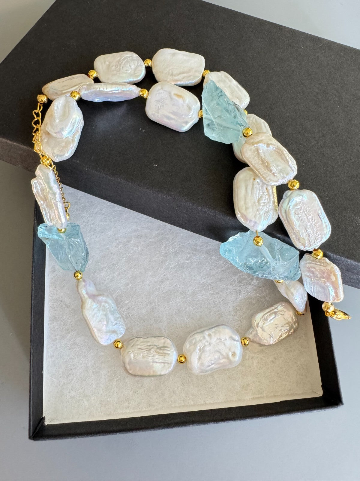 Natural Baroque Pearl & Raw Aquamarine Gemstone Necklace – 18” Adjustable, Handm