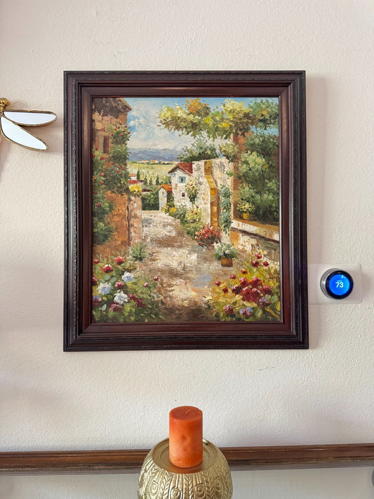 Framed Original Oil Painting – Mediterranean Garden Pathway Scene – 29”x25” In