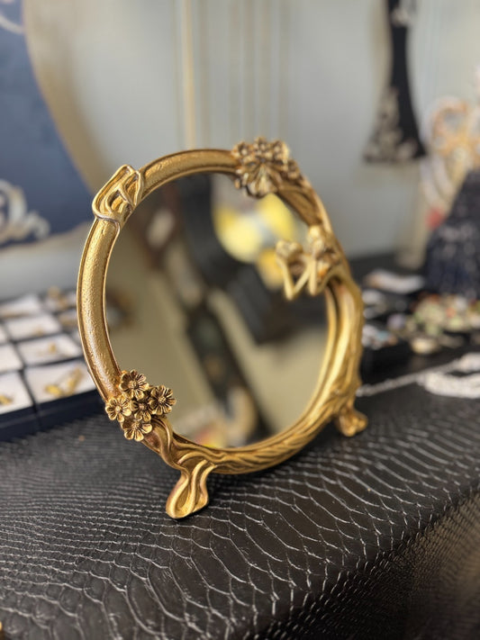 Vintage Art Nouveau Style Resin Vanity Mirror Woman & Floral Motif 9” Gold