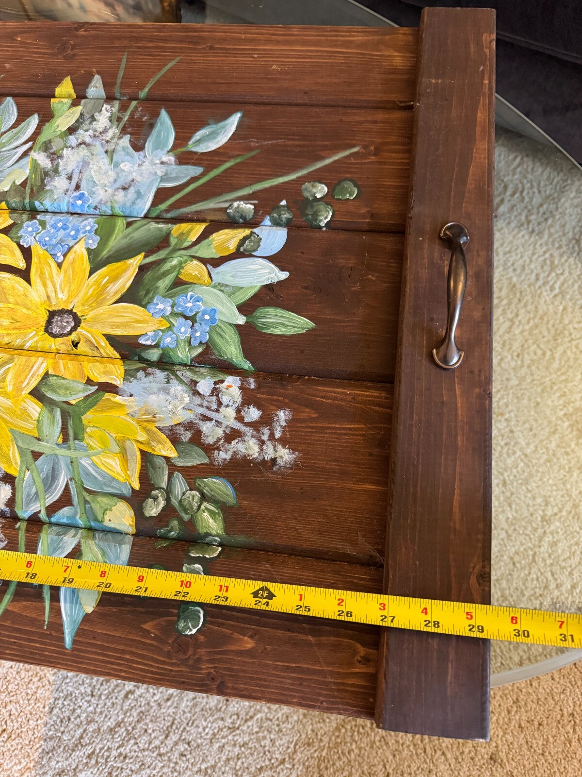 Rustic Hand-Painted Wooden Serving Tray – Sunflower Floral Design 29''x22''