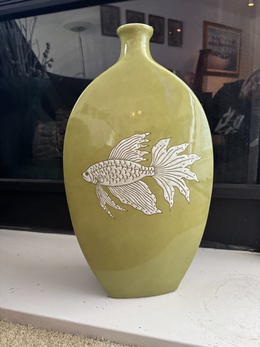 Large Olive Green Ceramic Vase with Fish Design – 20” Tall Modern Coastal Accent