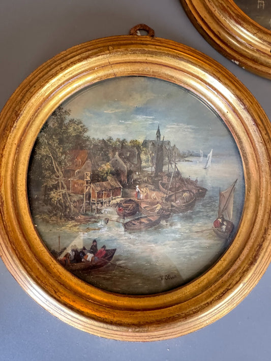Antiques Oval Framed Oil Paintings by V. Olsen – European Village & Harbor Scene