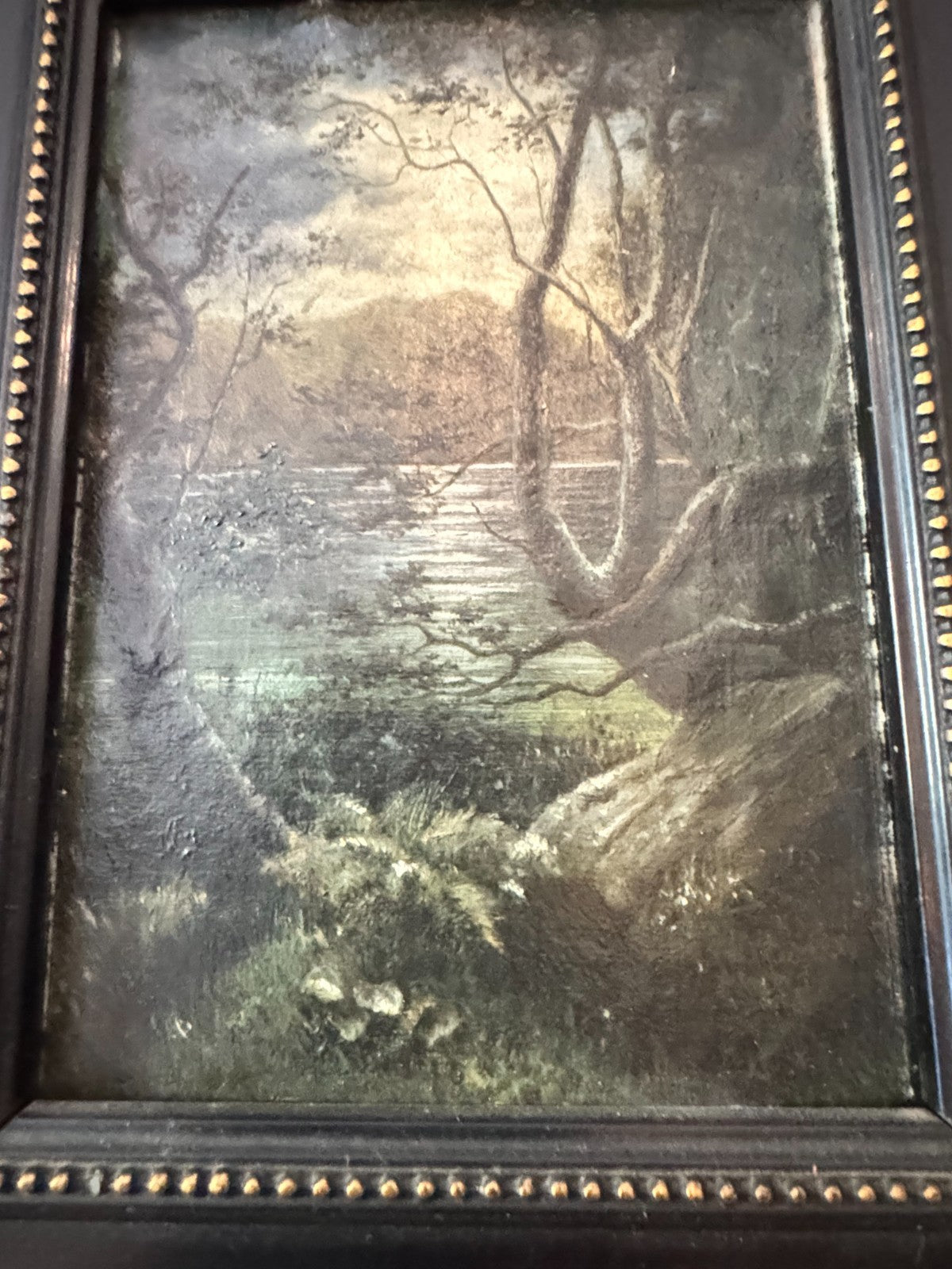 Antique Framed Oil Painting – Woodland River Landscape – Ornate Black & Gold Fra