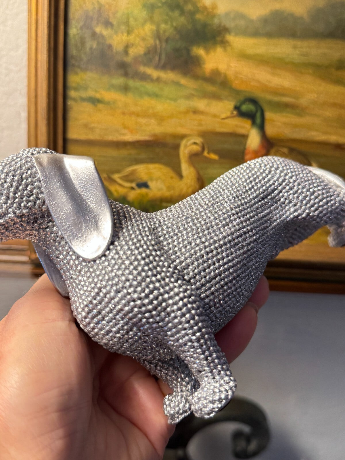 Elegant Silver  Beaded Dachshund Dog Figurine – Decorative Sculpture, 6 Long