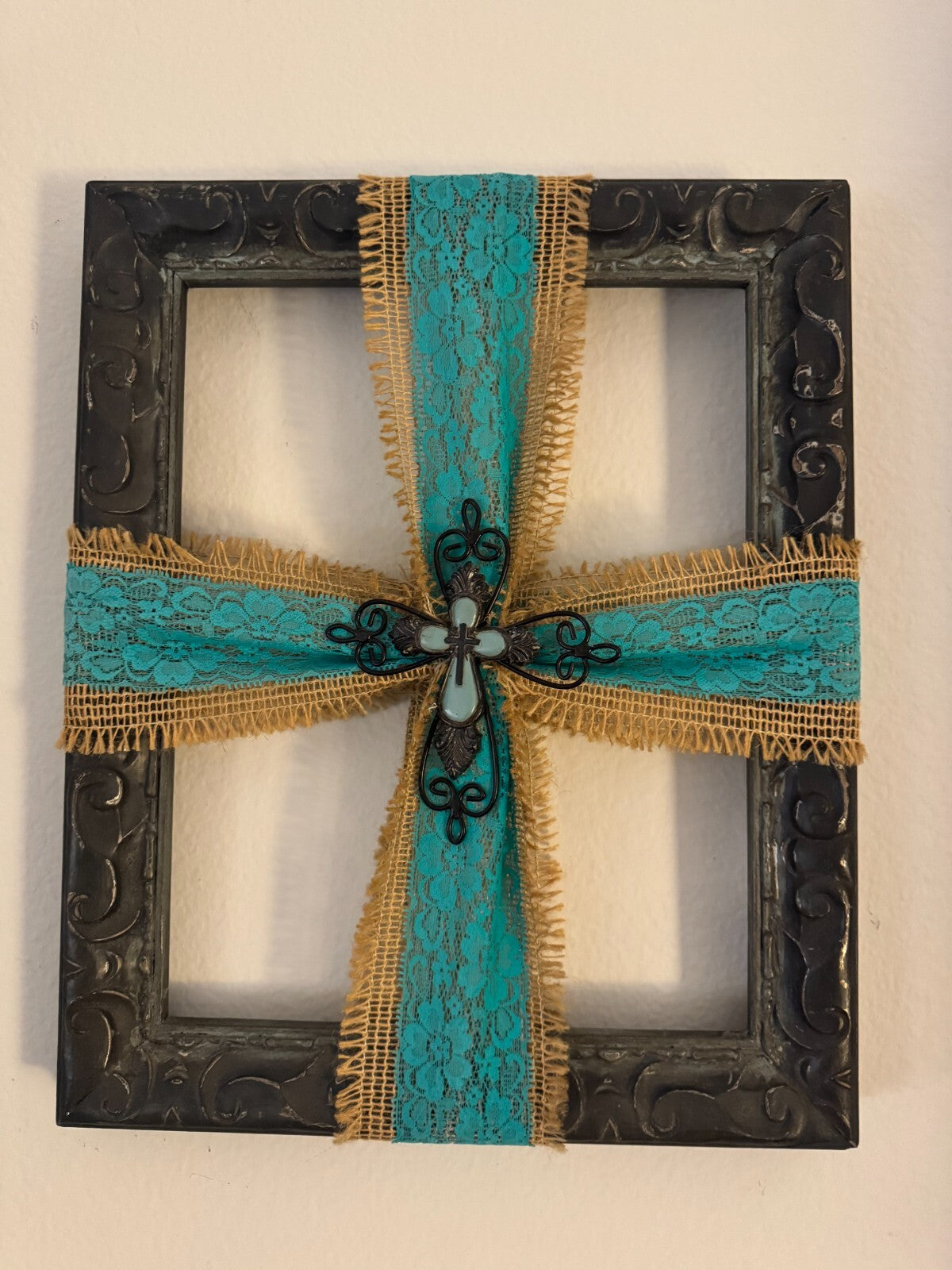 “Rustic Metal Frame Cross Wall Art with Burlap & Turquoise Lace Accents -