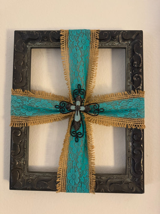 “Rustic Metal Frame Cross Wall Art with Burlap & Turquoise Lace Accents -