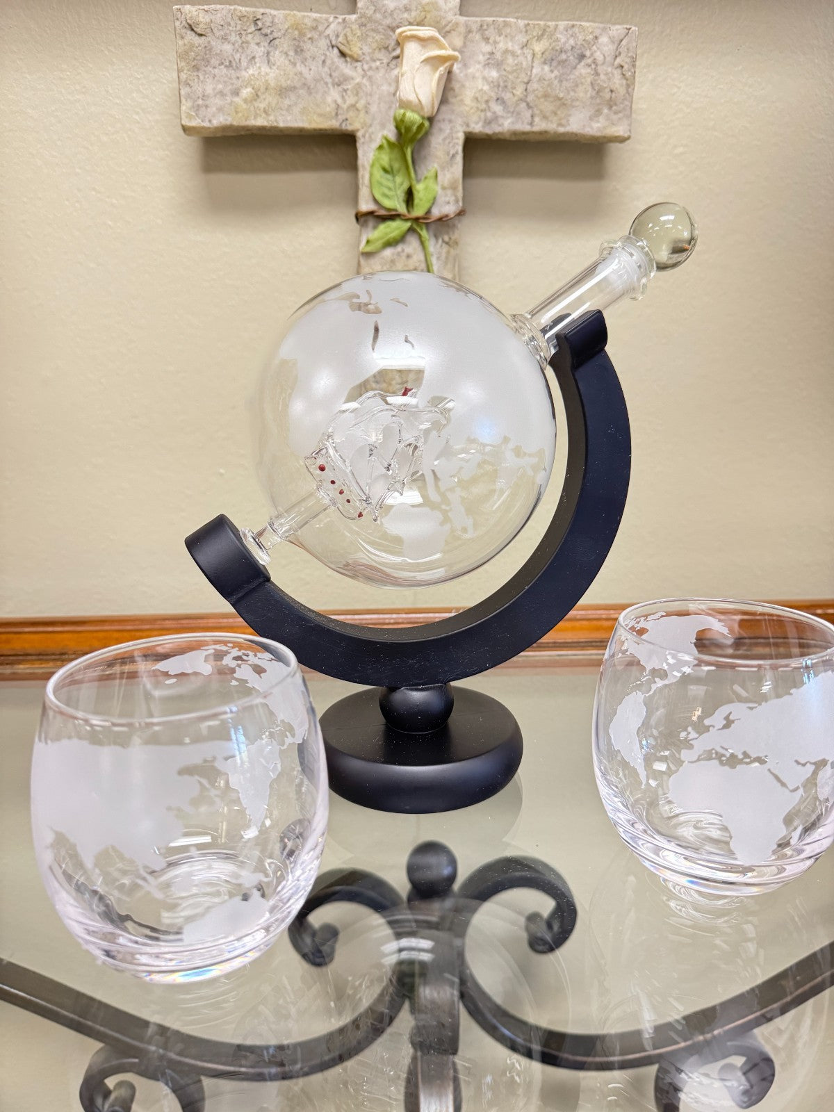 Whiskey Decanter Globe Set with Ship Inside + 2 Etched Glasses – World Map