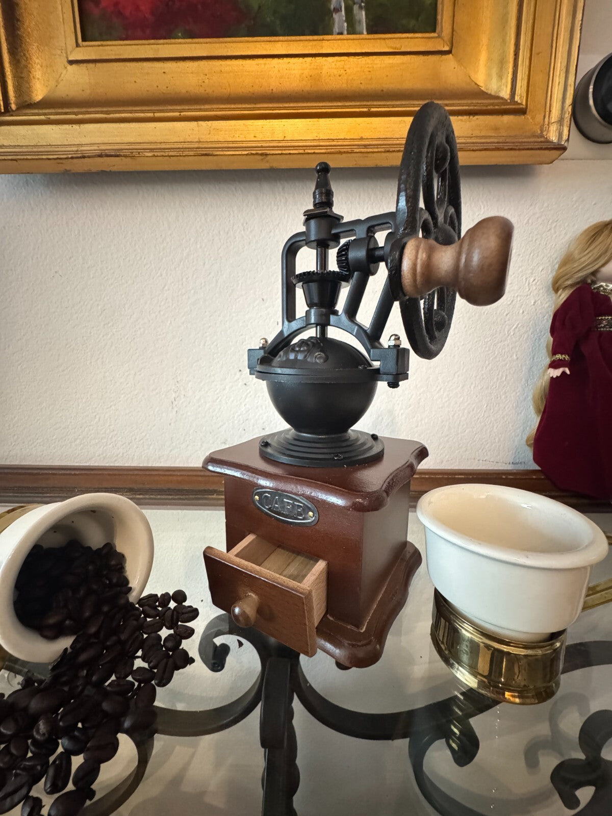 Vintage-Style Manual Coffee Grinder Cast Iron & Wood Hand Crank Mill “CAFE” 9”