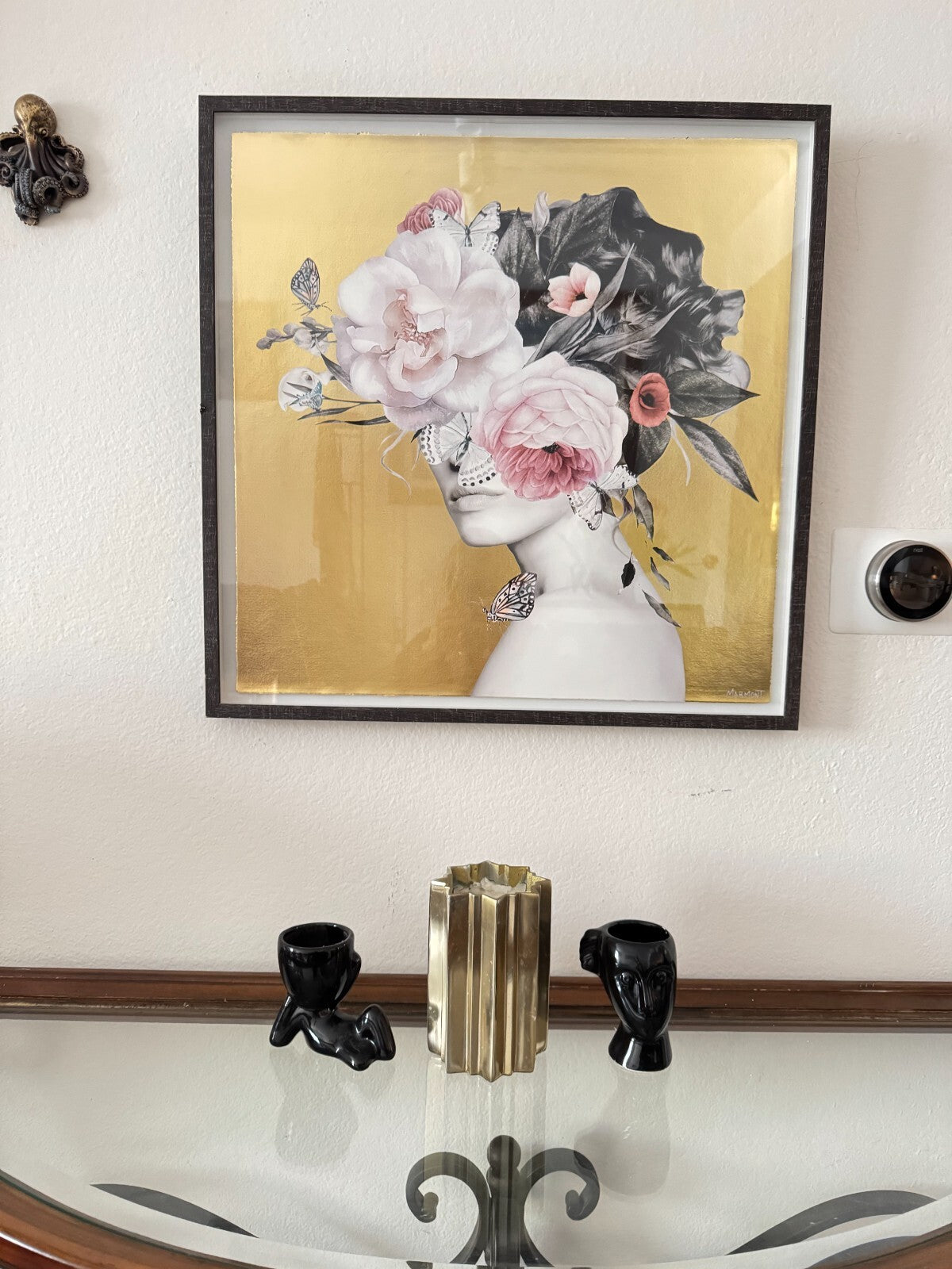 Framed Modern Art Print by Marmont – Floral & Gold Abstract Portrait – 24” x 24”