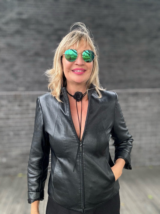 Vintage Leather Jacket Elegant Style   Black Color Women Fashion