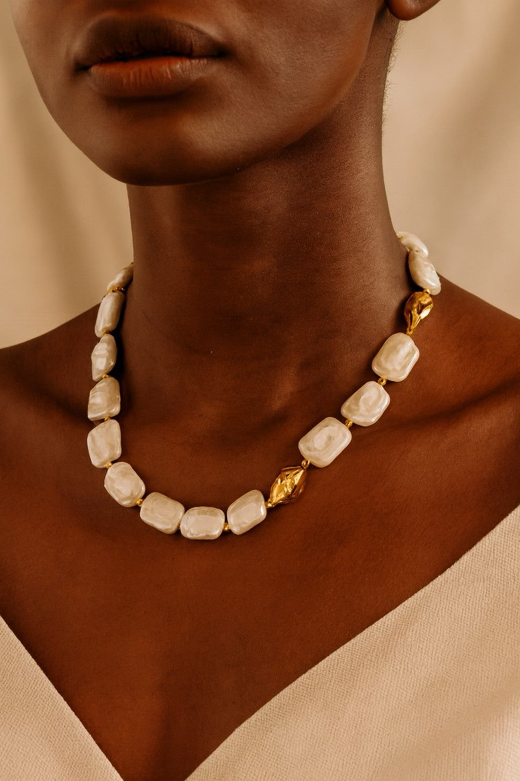 Baroque Freshwater Pearl Necklace with Gold-Tone Accent Beads, Adjustable 18”