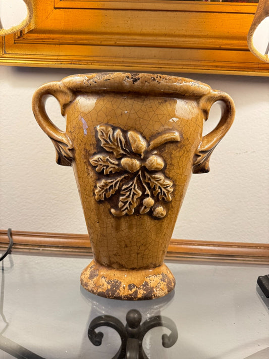 Vintage Ceramic Vase with Handles - Crackle Glaze, Oak Leaf & Acorn Relief,