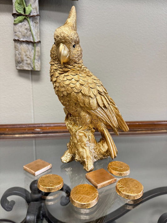 Gold Resin Cockatoo Parrot Figurine Sculpture on Tree Stump – 9” Tall Home Décor