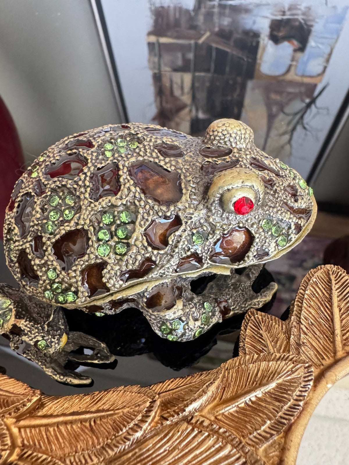 Jeweled Frog Trinket Box with Green Rhinestones & Red Eyes Vintage Style