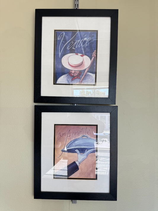 Vintage set of 2 Bistro Wall Art Prints “Venice Italy” & “Bon Appétit” 15''x17''