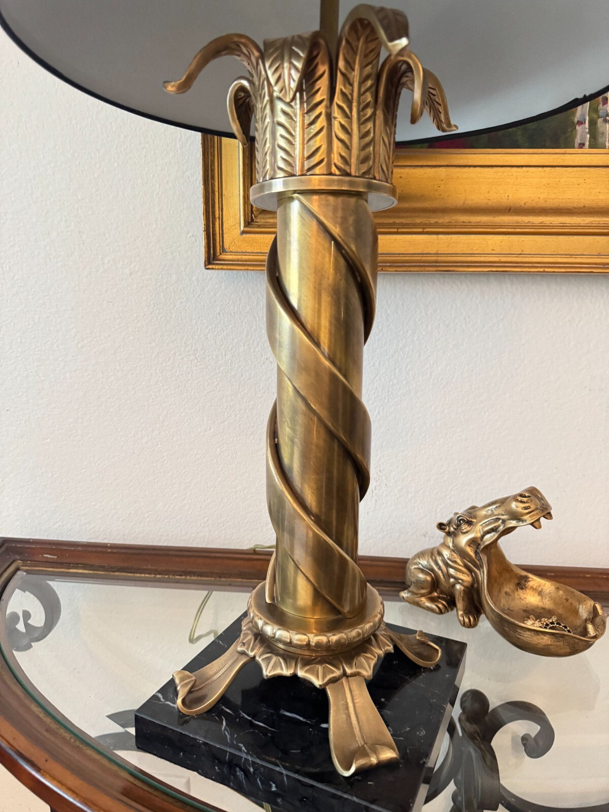 Large Vintage Heavybronz Table Lamp Black Shade Ornate Spiral Design Marble Base