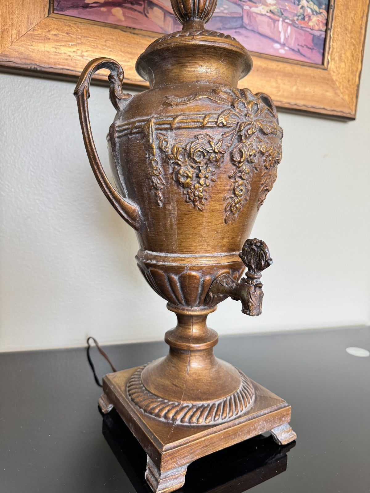 Vintage Bronze-Style Samovar Table Lamp with Spigot & Shade – 35” Tall
