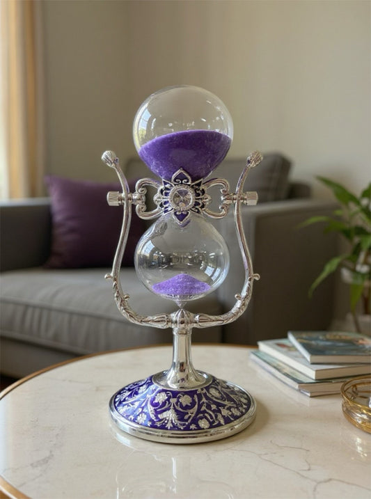Purple Hourglass Timer with Ornate Enamel Base – 8” Decorative Sand Timer