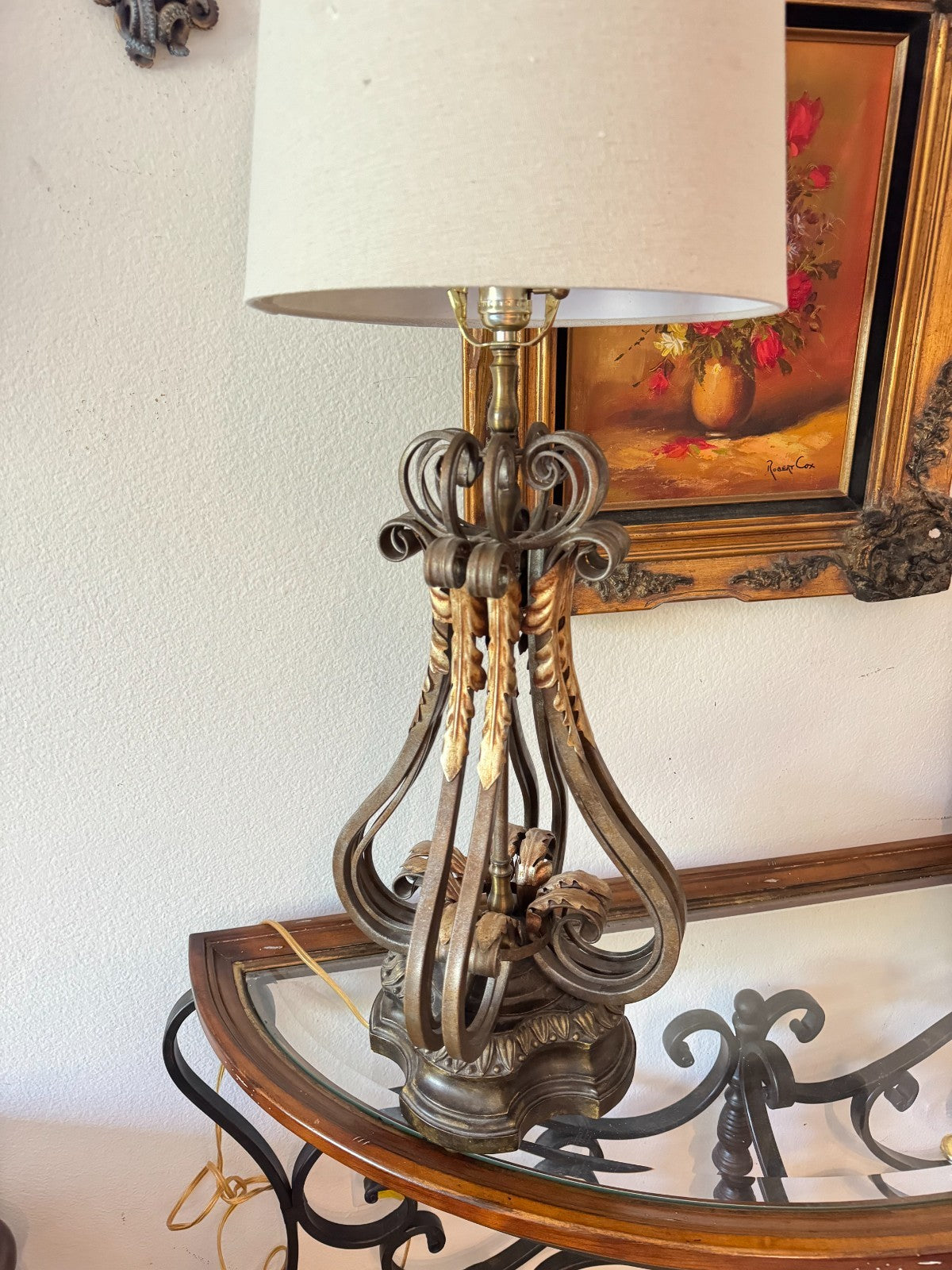 Vintage Metal Stiffel Candelabra Lamp With Ornate Leaf Detailing & Fabric Shade