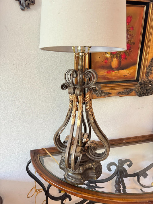 Vintage Metal Stiffel Candelabra Lamp With Ornate Leaf Detailing & Fabric Shade