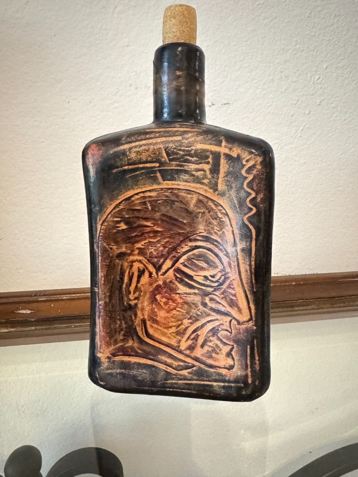 Original 1978  Sighed P. Capecchi Leather Wrapped Glass Bottle Collectible