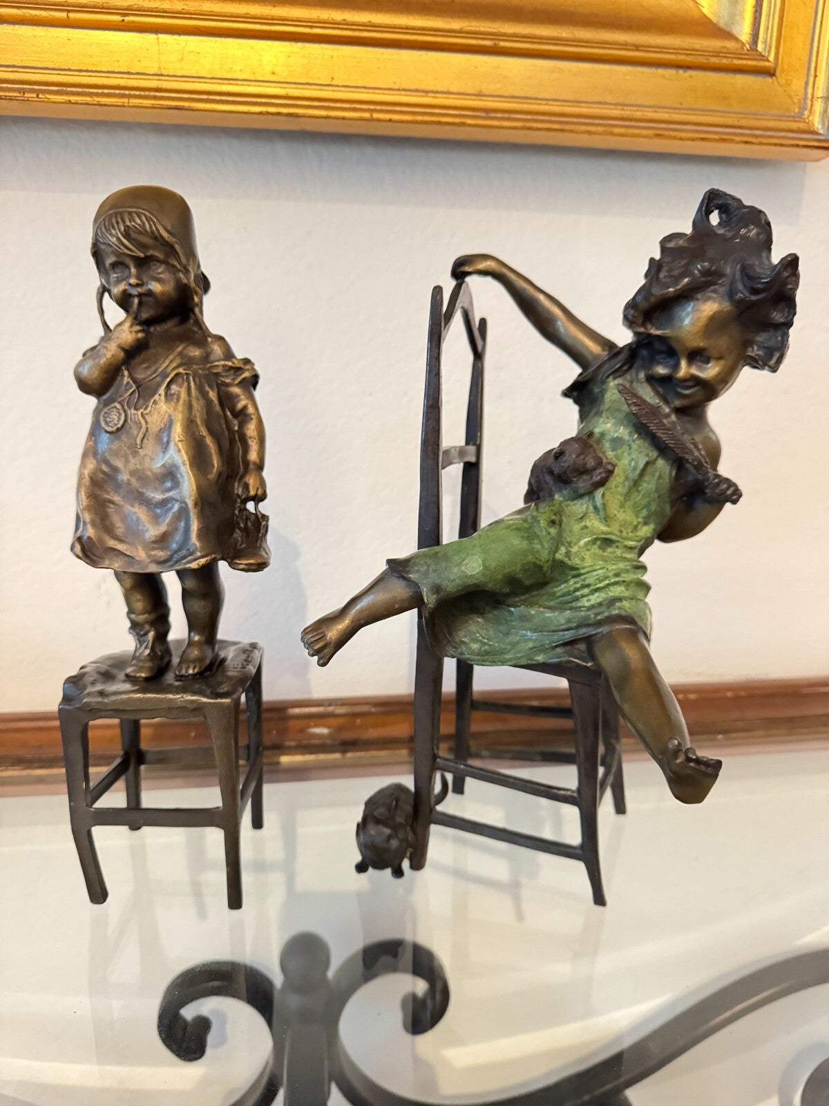 Pair of Original Bronze Sculptures by Juan Clara – Charming Girl Figures on Chai