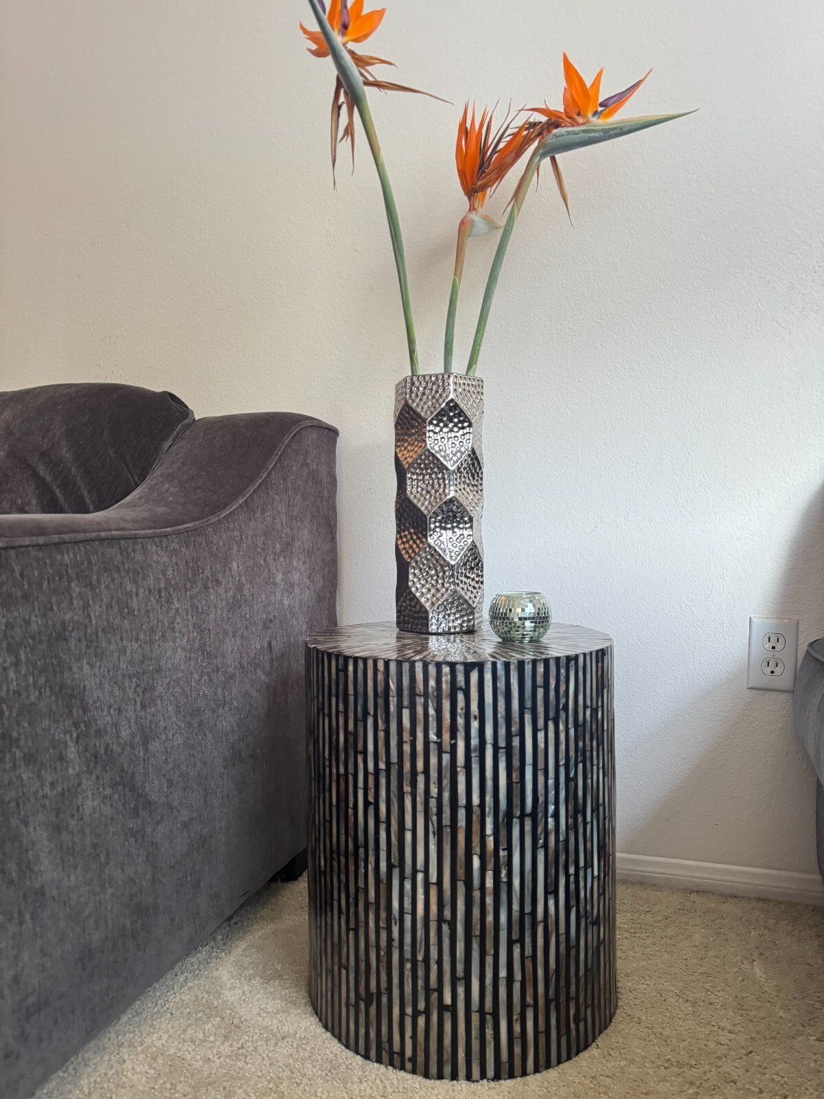 Modern Mother of Pearl Mosaic Style Drum Side Table  Resin 18”Hx16” Accent Table