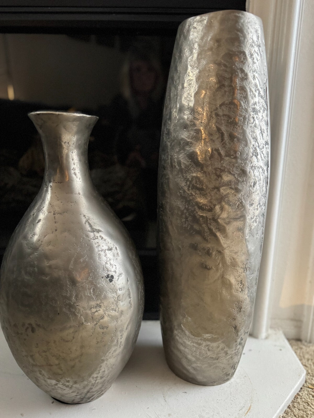 Set of 2 Hammered Silver Metal Floor Vases Modern  24,19 inches tall