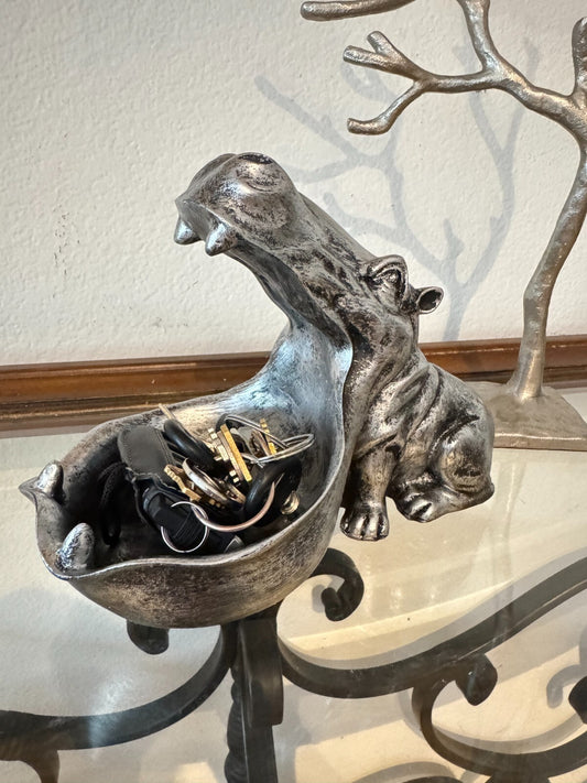 Resin Hippo Key Bowl Catchall Tray – Silver Decorative Animal Holder, 8x6
