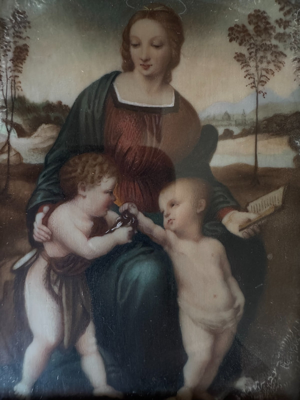 Antique Miniature Religious Painting “Madonna and Child with St. John” Gold Fram