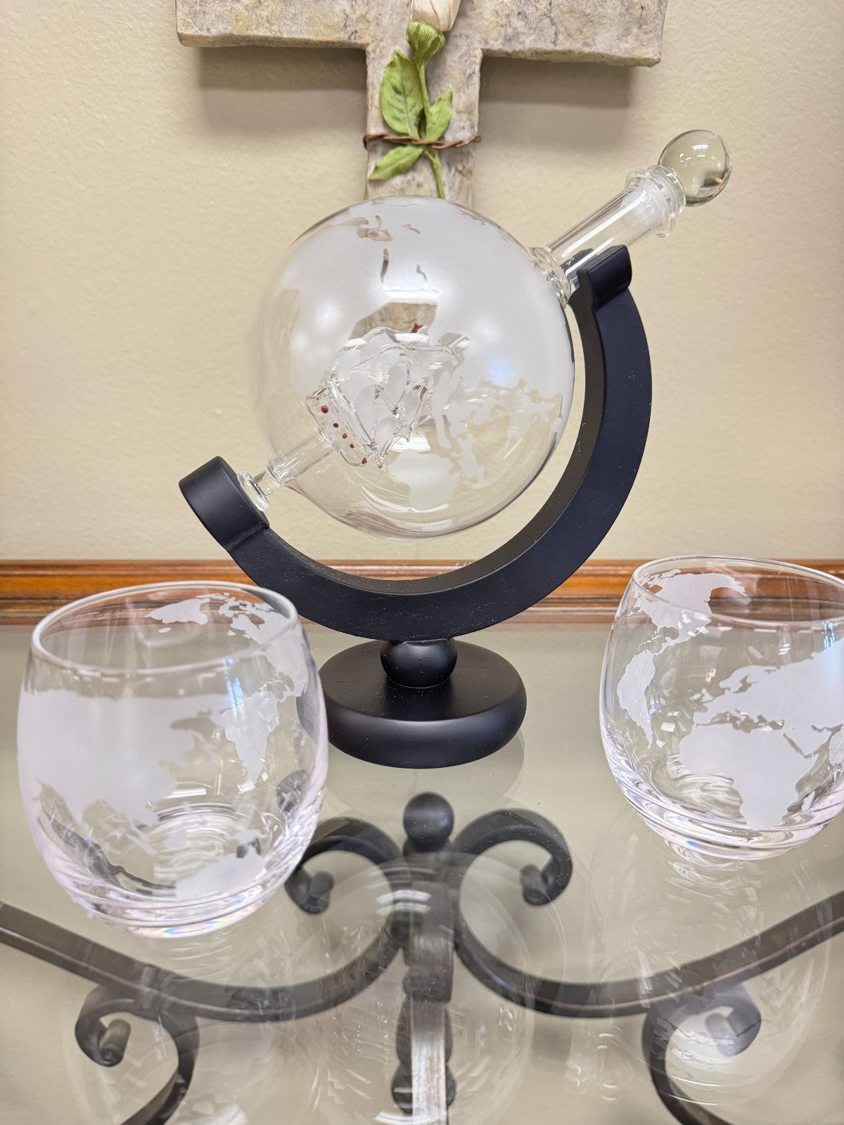 Whiskey Decanter Globe Set with Ship Inside + 2 Etched Glasses – World Map